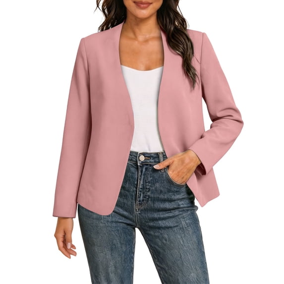 Floleo Womens Open-Front Collarless Blazer, Long Sleeve Loose Fit Solid Color Suit Jacket, Casual Lightweight Outerwear For All Seasons(Pink,S)