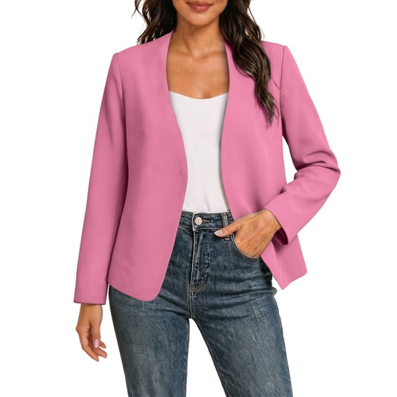 Floleo Womens Open-Front Collarless Blazer, Long Sleeve Loose Fit Solid Color Suit Jacket, Casual Lightweight Outerwear For All Seasons(Watermelon Red,XL)