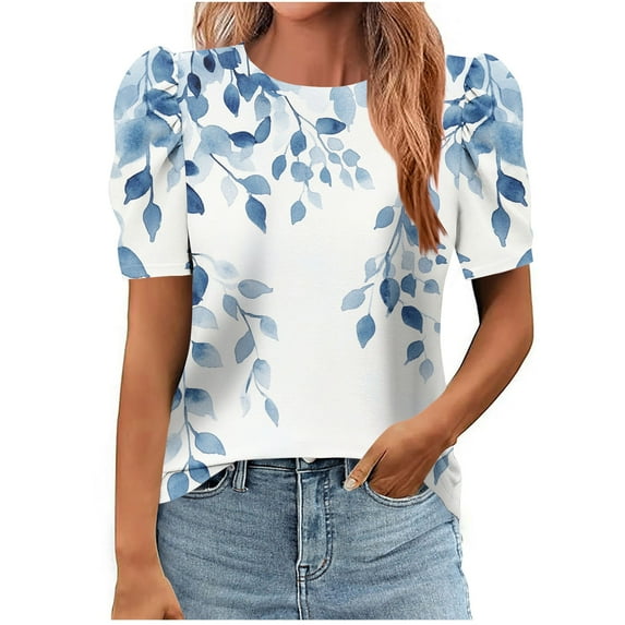 Floleo Womens Short Puff Sleeve Tops Trendy Dressy Boho Blouses Fashion Crewneck Printed T Shirt Casual Summer Tunic Shirts
