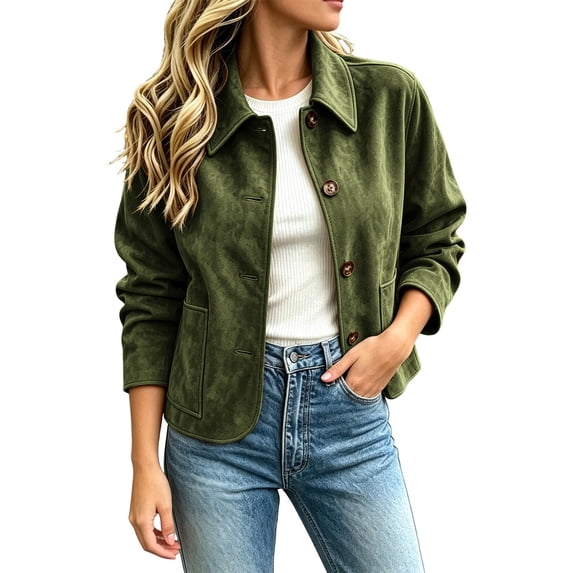 Floleo Womens Soft Microfiber Jacket Button Down Collared Long Sleeve Casual Outerwear with Patch Pockets for Fall Spring Daily Wear