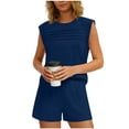 thumbnail image 1 of Floleo Womens Solid Color Sleeveless Round Neck Pleated Top Shorts Set Athletic Comfortable 4 Season Wear for Yoga Running Workout Fitness Fashion Activewear Outfit(Navy,M), 1 of 8