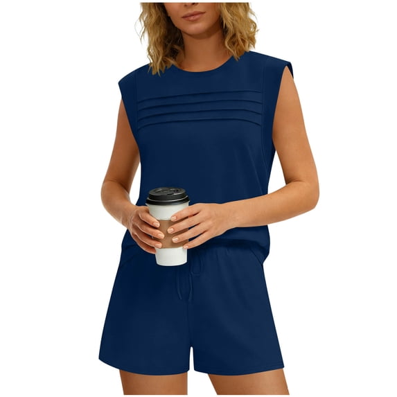 Floleo Womens Solid Color Sleeveless Round Neck Pleated Top Shorts Set Athletic Comfortable 4 Season Wear for Yoga Running Workout Fitness Fashion Activewear Outfit(Navy,M)