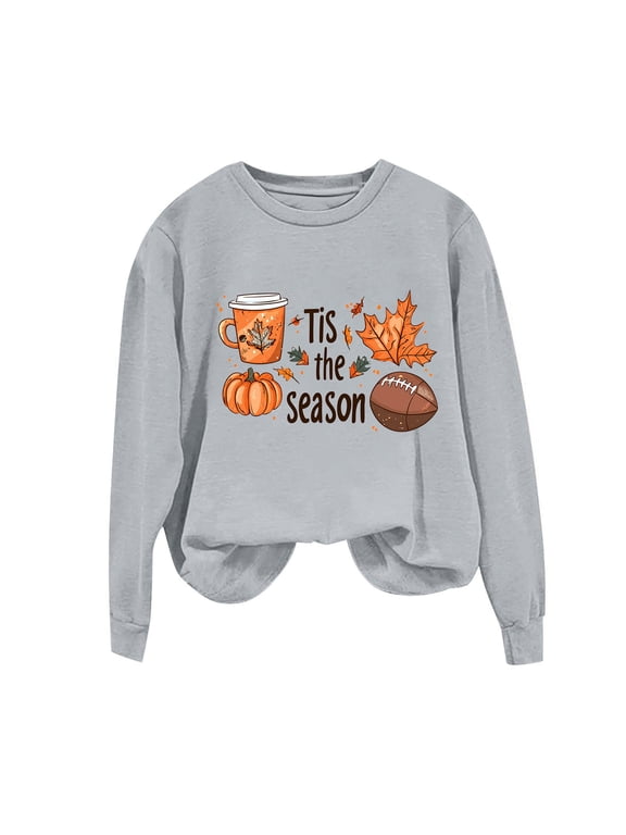 Womens Thanksgiving Fall Graphic Sweatshirt Crew Neck Long Sleeve Casual Pullover Top with Pumpkin Leaf Football Print for Autumn Holiday Daily Wear