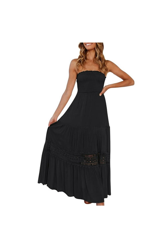 Womens Tube Top Maxi Dress Strapless Smocked A-Line Dresses Flowy Beach Long Sundresses Hollow Ruffle Sexy Smocked Dresses