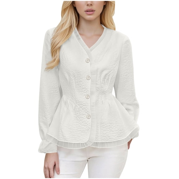 Floleo Womens V Neck Lace Detail Blouse with Pearl Buttons Smocked Cuffs Peplum Hem Casual Elegant Top for Spring Summer Office Brunch Special Occasion Romantic Fashion Blouse(White,S)