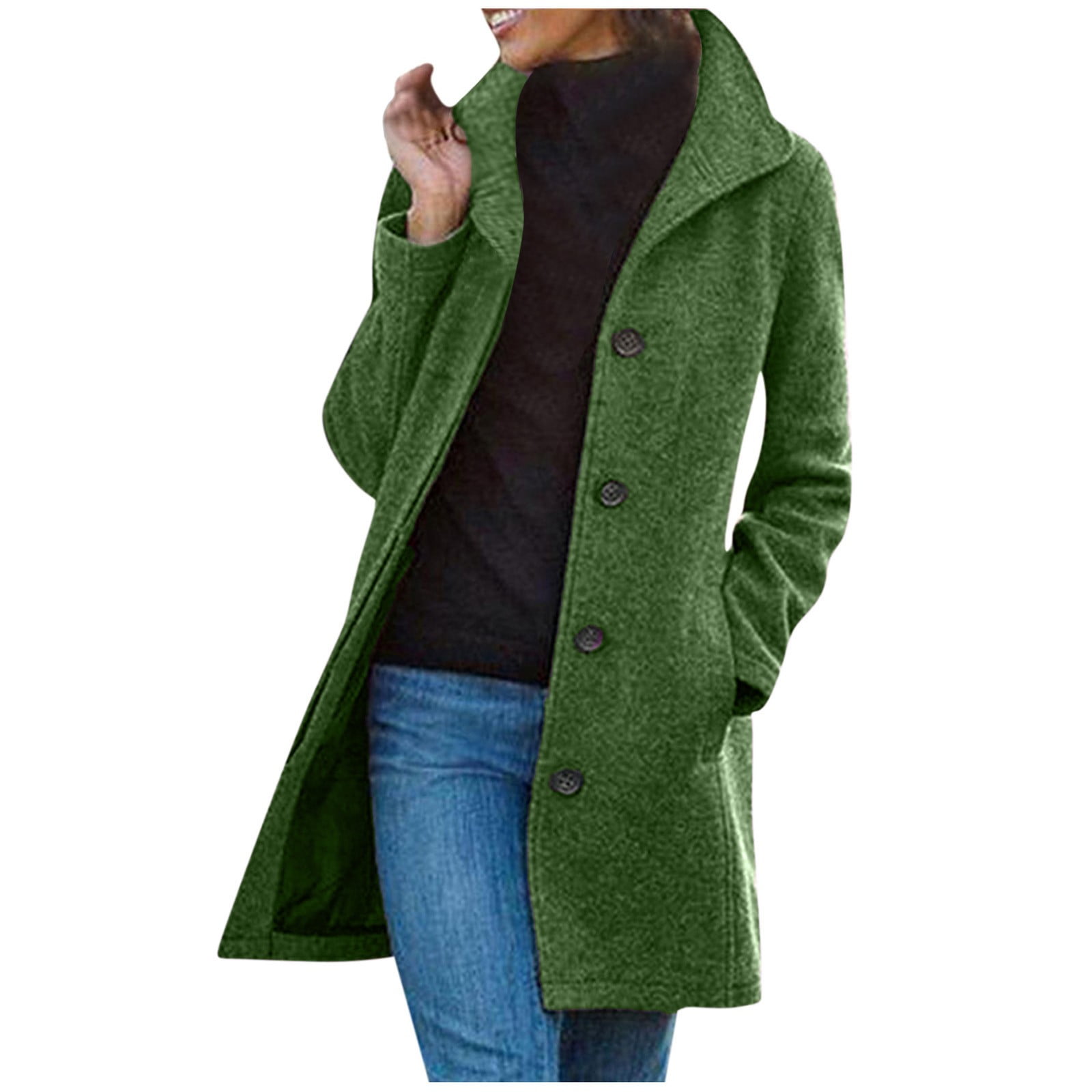 Floleo Womens Winter Fall Coats Jacket Women s Solid Color Pocket Woollen Coat Recreational Long Sleeve Tops Green