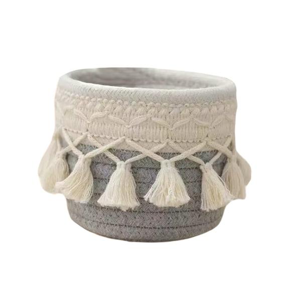Floleo ohemian Woven Storage Basket 5x4x4 in, Small Macrame Organizer with Tassels, Polyester Rope Container for Cosmetics Desk Bathroom, Boho Decor Accessory