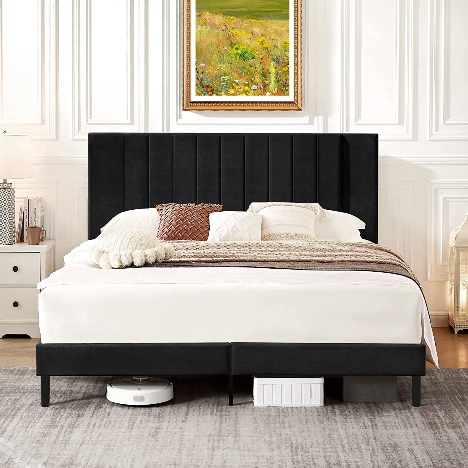 Flolinda Full Size Bed Frame Upholstered Bed Frame with Vertical Channel Tufted Complete High Headboard Black