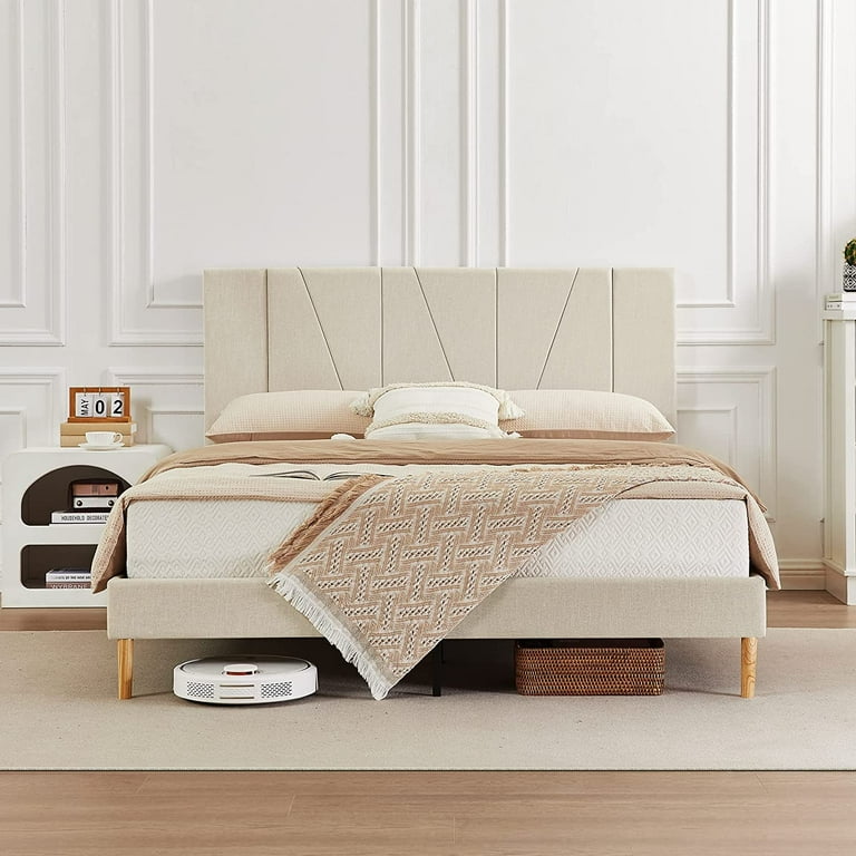 Flolinda Full Size Bed Frame Upholstered Platform with Complete Headboard Fabric Upholstered Platform Bed Frame Beige