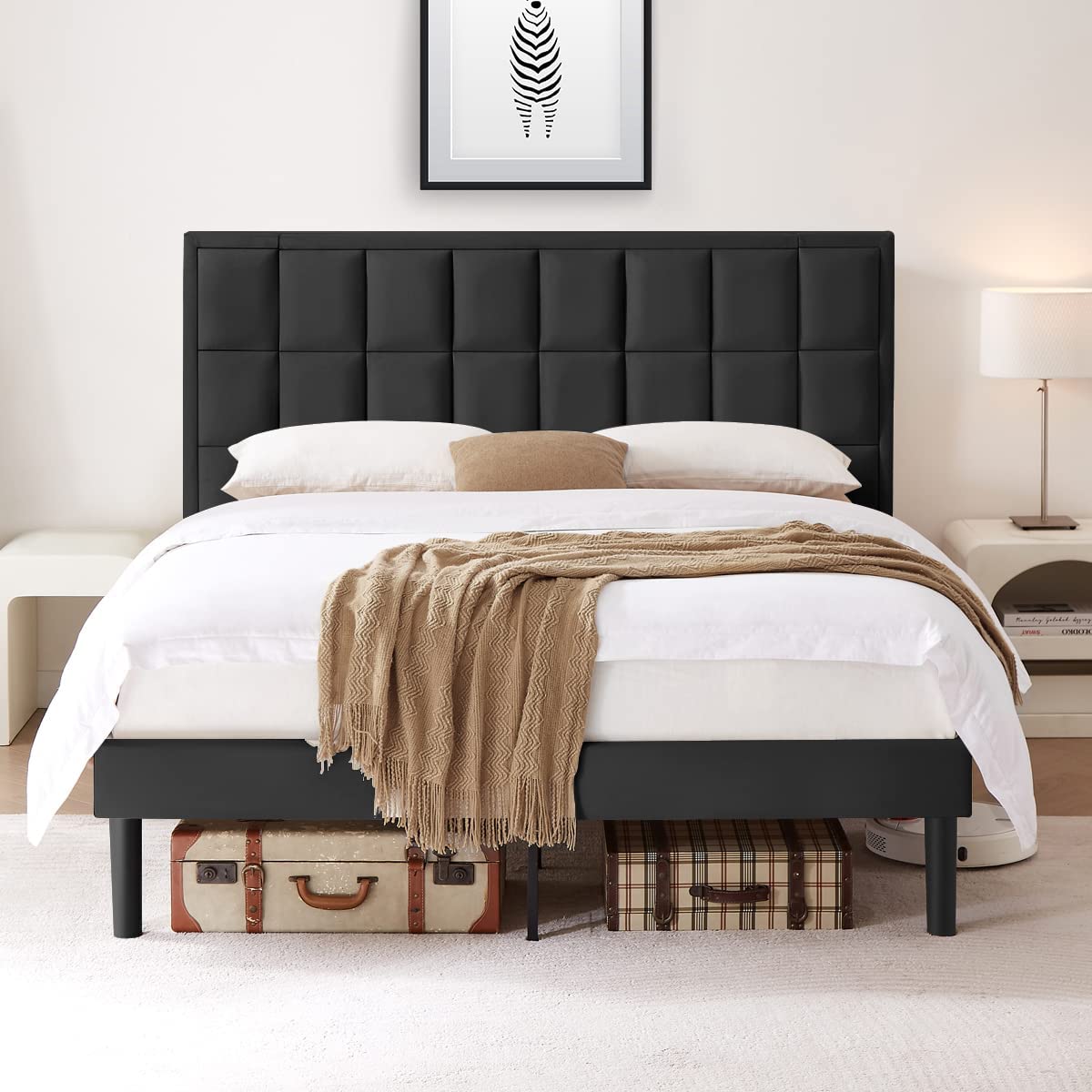 PAPROOS Full Size Bed Frame, Rustic Wood Platform Bed with Headboard
