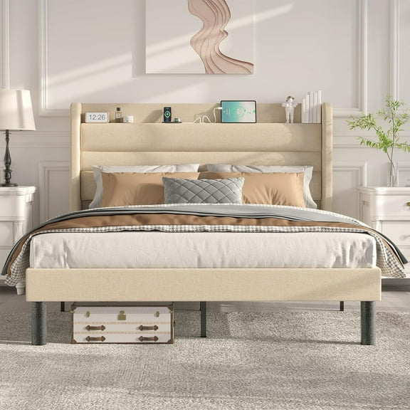 Flolinda Full Size Bed Frame with Charging Station Type-C & USB Ports Linen Upholstered Tufted Wingback Headboard, No Box Spring Needed Beige