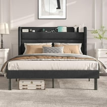 Flolinda Full Size Bed Frame with Charging Station Type-C & USB Ports Linen Upholstered Tufted Wingback Headboard, No Box Spring Needed,Gray