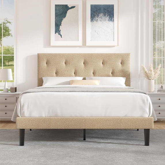 Flolinda Full Size Bed Frame with Fabric Headboard, Strong Wooden Slats, Non-Slip and Noise-Free, No Box Spring Needed, Easy Assembly, Beige