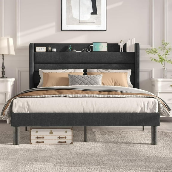Flolinda Full Size Bed Frame with Type-C & USB Ports Upholstered Platform Bed Frame with Wingback Shelf Dark Grey