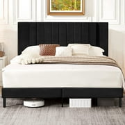 Flolinda King Bed Frame Upholstered Bed Frame with Vertical Channel Tufted Complete High Headboard, Black