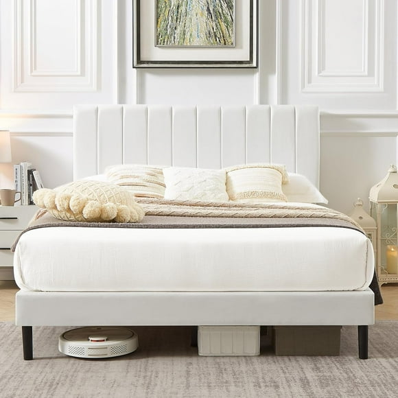 Flolinda King Bed Frame Upholstered Bed Frame with Vertical Channel Tufted Complete High Headboard, White