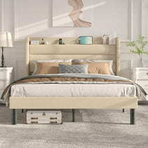 Flolinda King Bed Frame with Charging Station Type-C & USB Ports Linen Upholstered Tufted Wingback Headboard, No Box Spring Needed Beige