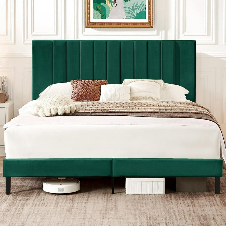 Flolinda Queen Bed Frame Upholstered Bed Frame with Vertical Channel Tufted Complete High Headboard Green