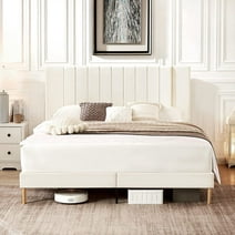 Flolinda Queen Bed Frame Upholstered with Vertical Channel Tufted Complete High Headboard, White