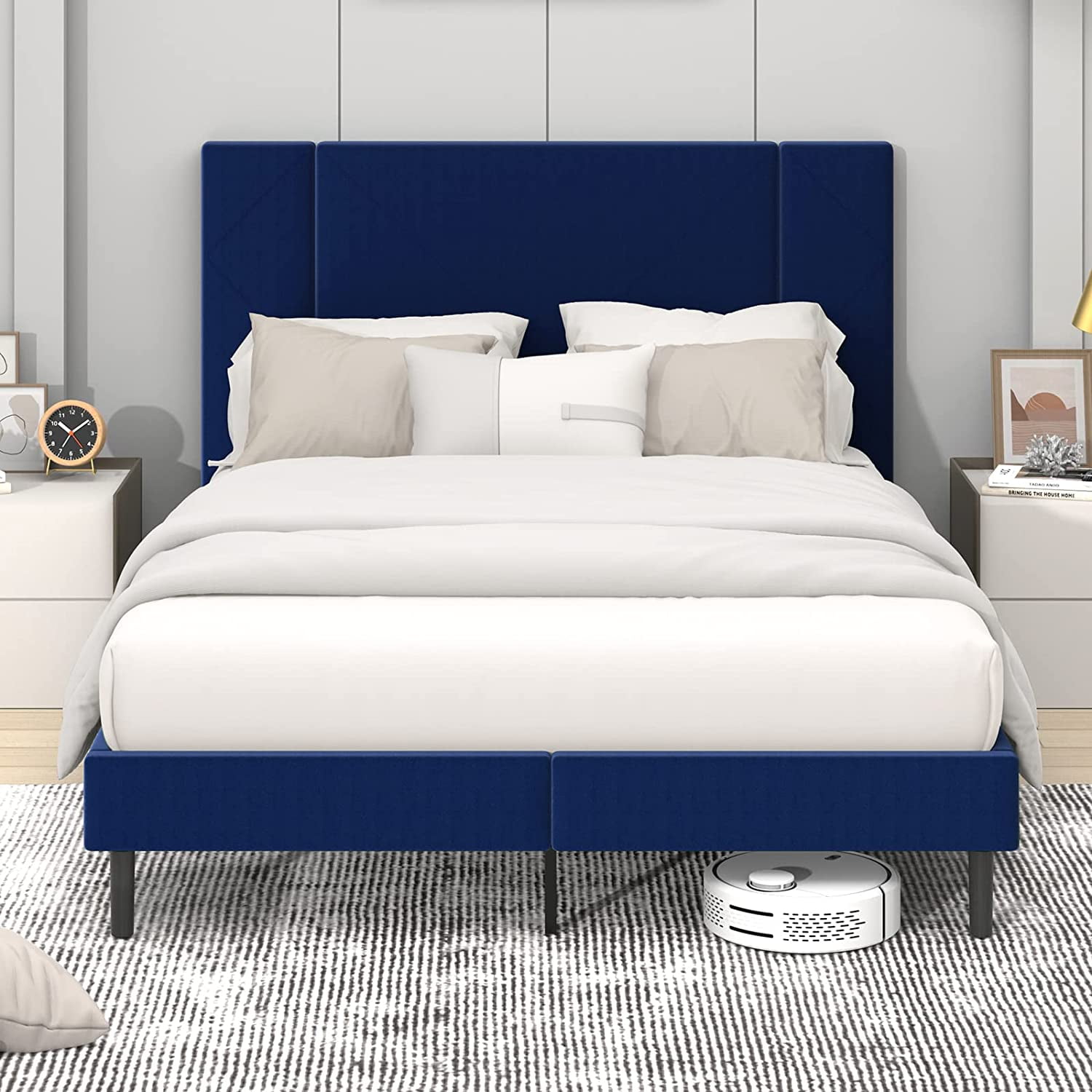 Flolinda Queen Bed Frame, Velvet Upholstered Bed Frame with Whole Headboard, Blue