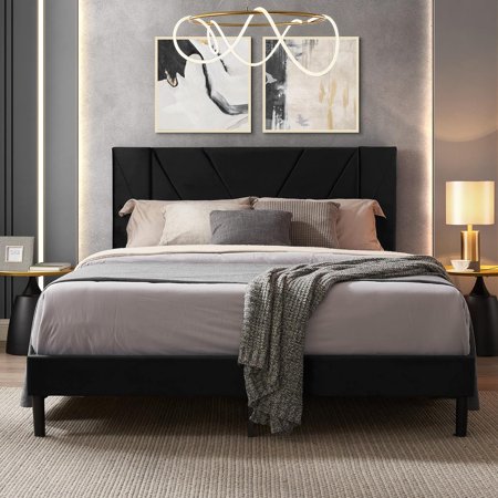 Flolinda Queen Size Velvet Upholstered Platform Bed Frame with Vertical Headboard,Mattress Foundation, Black