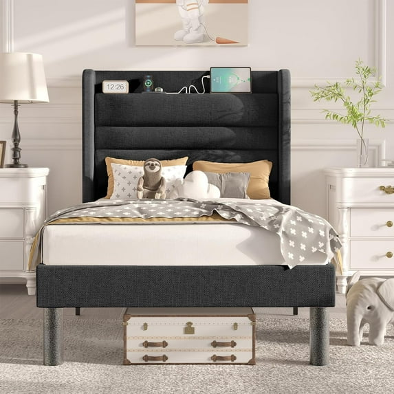 Flolinda Twin Bed Frame with Wingback Headboard and USB Charging Station, Gray