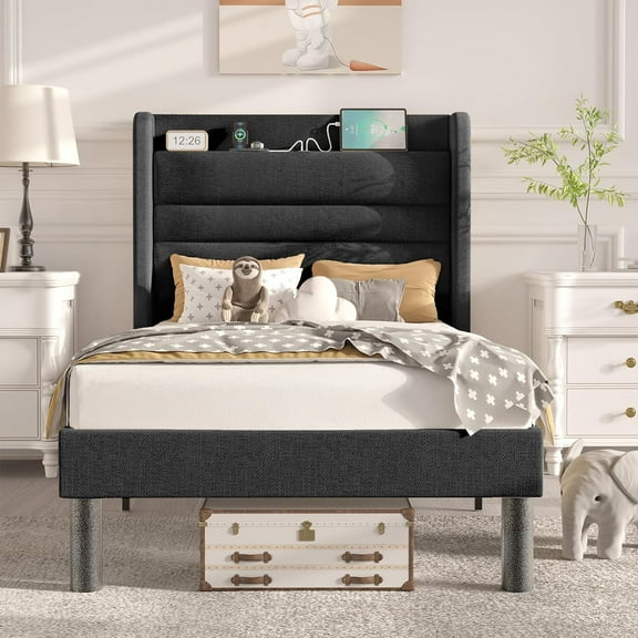 Flolinda Twin Bed Frame with Wingback Headboard and USB Charging Station, Gray