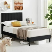 Flolinda Full Size Bed Frame Upholstered Bed Frame with Vertical Channel Tufted Complete High Headboard, Black