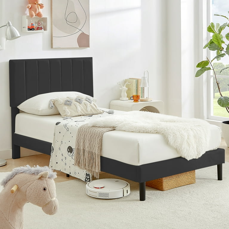 Flolinda Twin Bed Frames Upholstered Bed Frame with Vertical Channel Tufted Complete High Headboard Black