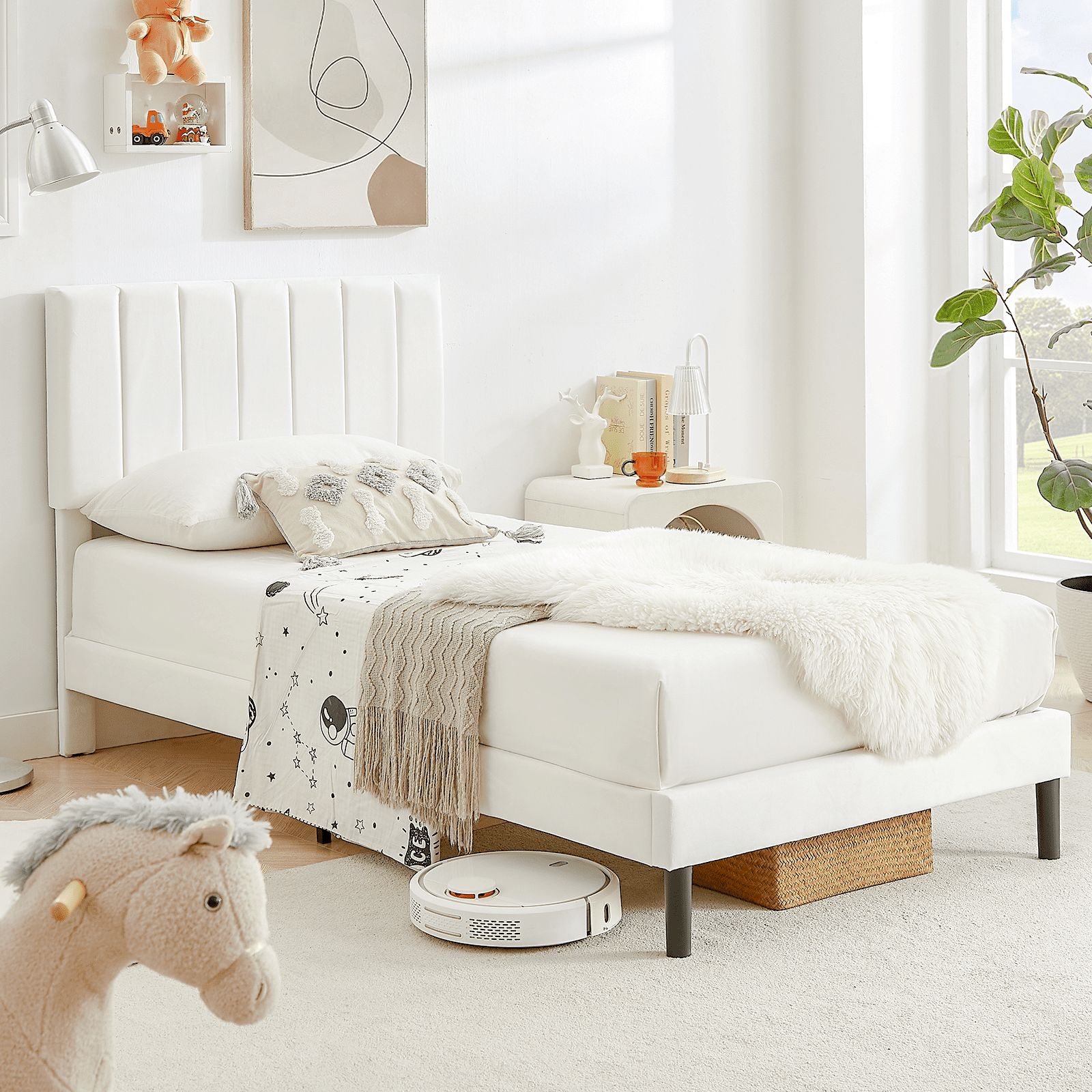 Flolinda Twin Bed Frames Upholstered Bed Frame with Vertical Channel Tufted Complete High Headboard White