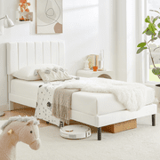 Flolinda Twin Bed Frames Upholstered Bed Frame with Vertical Channel Tufted Complete High Headboard, White