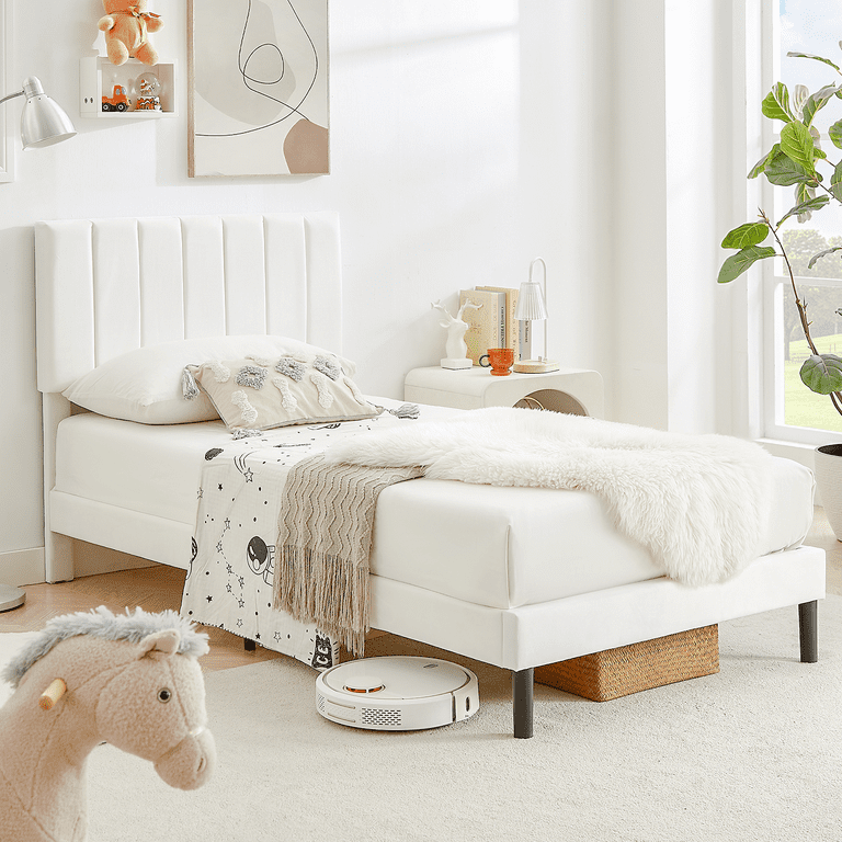 Flolinda Twin Bed Frames Upholstered Bed Frame with Vertical Channel Tufted Complete High Headboard White