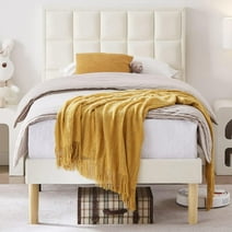 Flolinda Twin Size Bed Frame Velvet Platform Bed Frame with Higher Comfortable Headboard, Off White