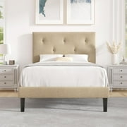 Flolinda Twin Size Bed Frame with Fabric Headboard, Strong Wooden Slats, Non-Slip and Noise-Free, No Box Spring Needed, Easy Assembly, Dark Grey