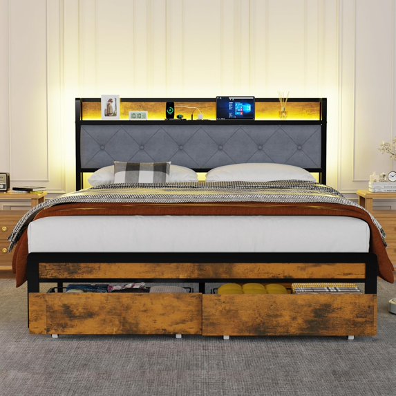 Flolinda Upholstered Platform Bed Frame with Headboard, Fabric, King, Dark Gray