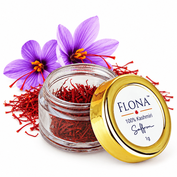 Flona Kashmiri Saffron Threads 1g - Pure and Aromatic, Grade A Natural Saffron from the fertile Pampore region, Ideal for Cooking, Tea, Rice and Seasoning