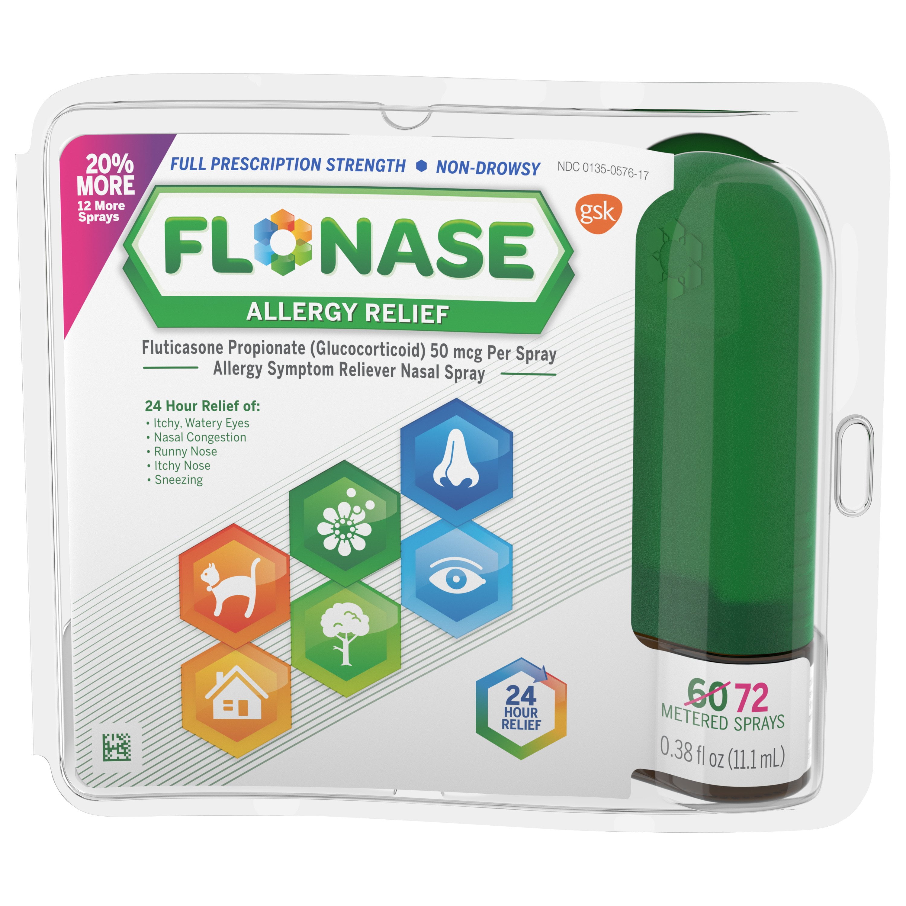 Flonase Allergy Relief Spray, 24 Hour Non Drowsy Allergy Medicine, Metered Nasal Spray - 72 Sprays