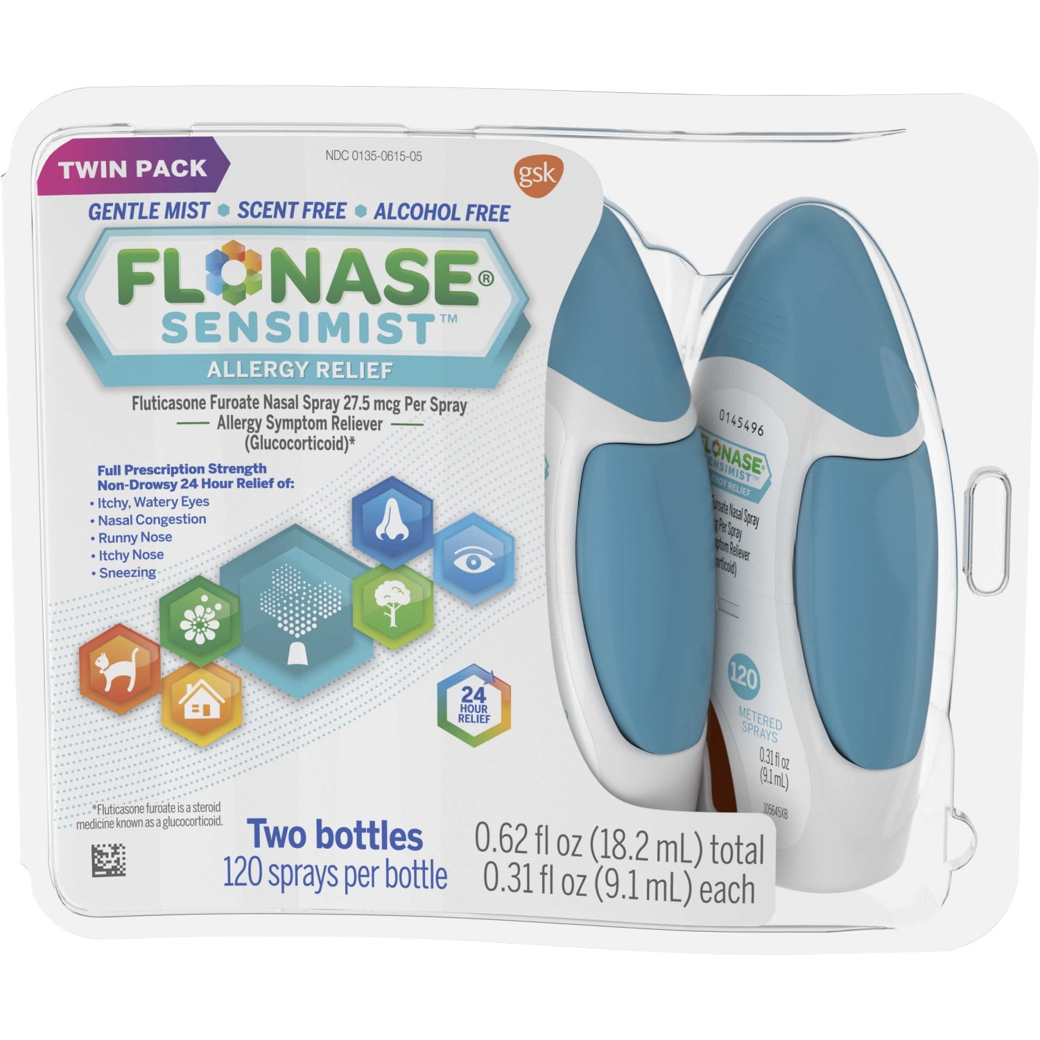 Flonase Sensimist Allergy Relief Nasal Spray, 240 Count 2 bottles(0.62fl.oz) of 0.31fl.oz