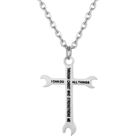 Flongo Unisex Cross Necklace, Wrench Cross Pendant Necklace For Women And Men, I CAN DO ALL THINGS Titanium Steel Necklace, Classic Amulet Necklace Women’s Men’s Jewelry Gift, 22 Inch Chain