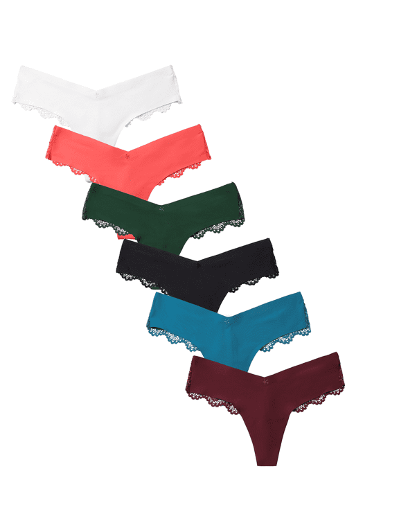 6 Pack of Lace Panties for Women, Floral Embroidery Design Women's Thongs, Seamless No Show G-Strings Underwear