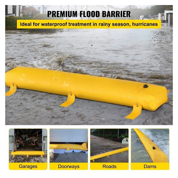 Flood Barrier 12ft, Water Diversion Tube for Flooding, Sandbag Alternative, Reusable PVC Water Barrier for Home, Garage, Door - Yellow