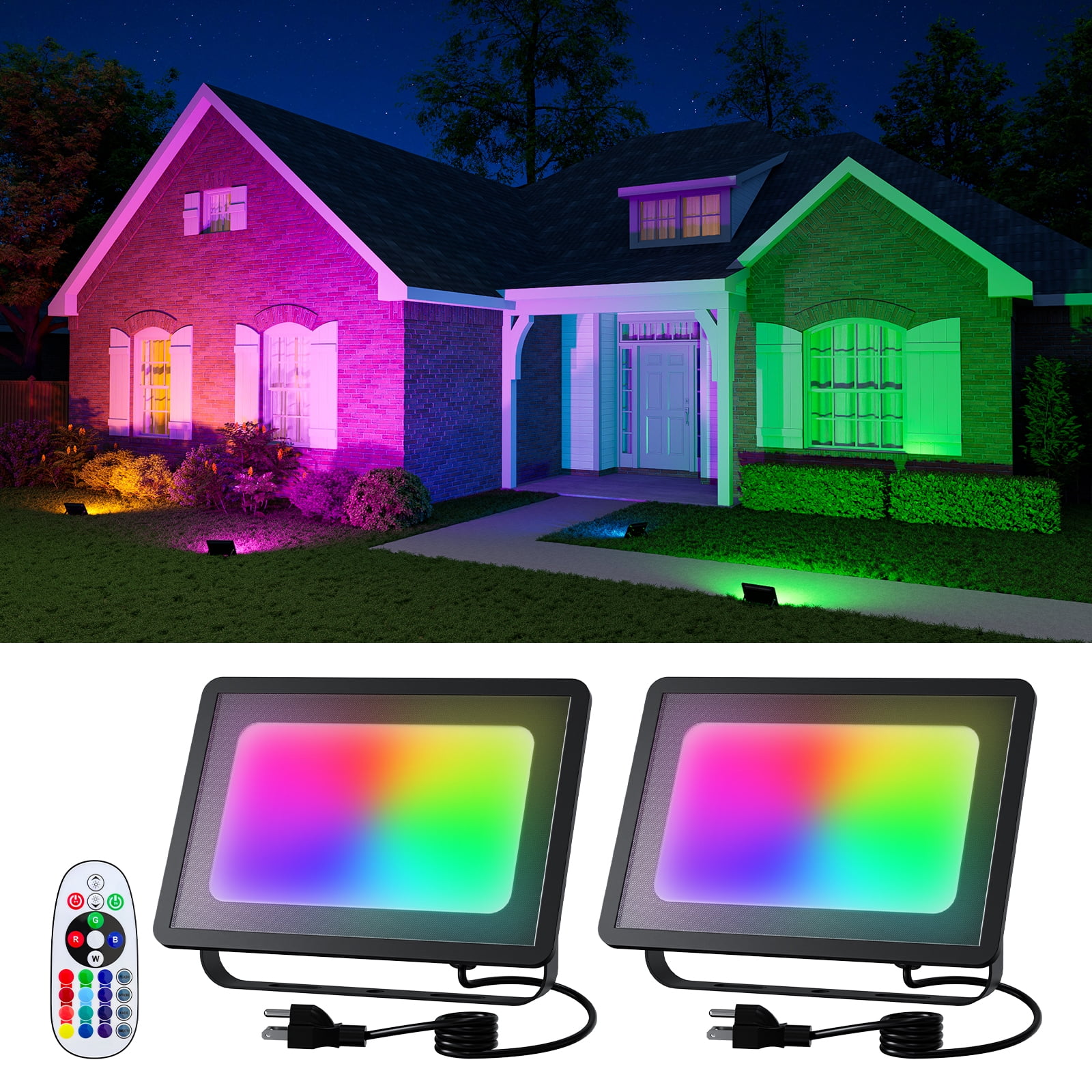2 Pack 50W Led Flood Lights 500W Equi Color Change with Remote Waterproof 16 Multicolor Lamp Indoor Outdoor Up Lighting for Wall Decoration, Garden
