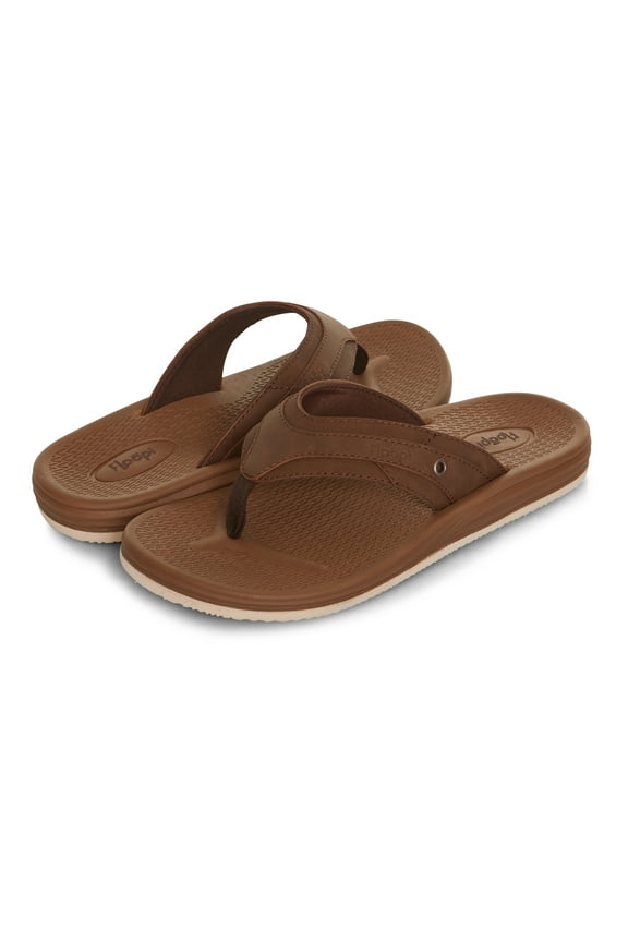 Flip Flops for Men Premium PU Leather Men Beach Sandals With Thick Texture Soft EVA Footbed Comfort Fit Sandals with Indoor & Outdoor Anti Skid Soles, Color Brown, Size 10