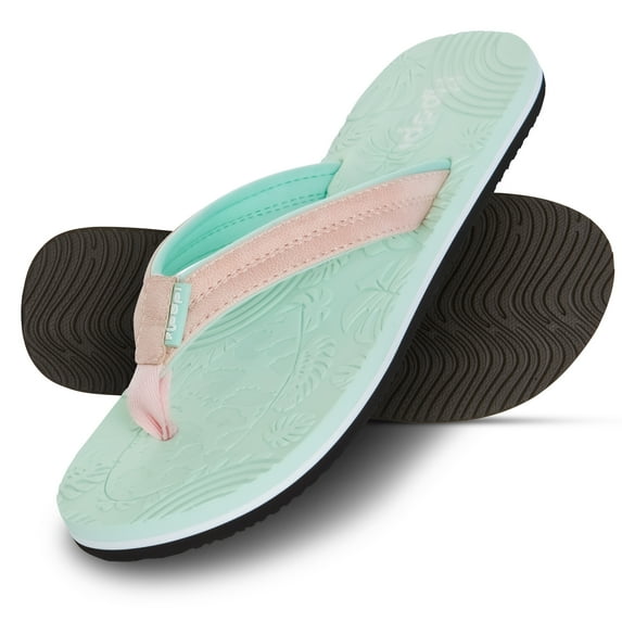 Floopi Flip Flops for Women Durable EVA Floral Textured Sandals Ladies Beach Sandals with Indoor & Outdoor Anti Skid Soles, Color Green, Size 8