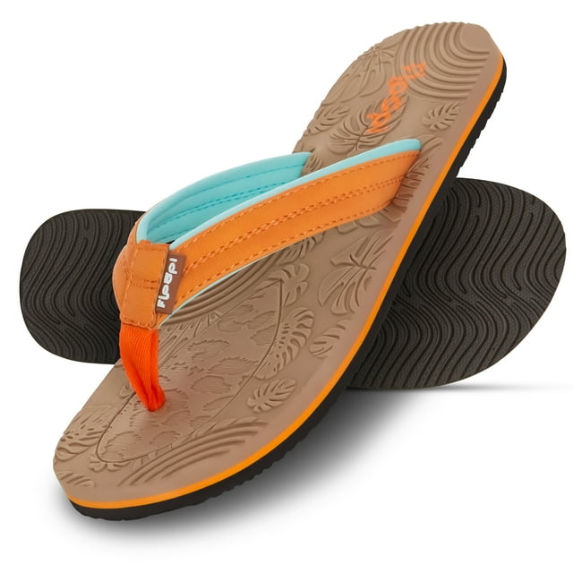 Floopi Flip Flops for Women Durable EVA Floral Textured Sandals Ladies Beach Sandals with Indoor & Outdoor Anti Skid Soles, Color Tan, Size 8