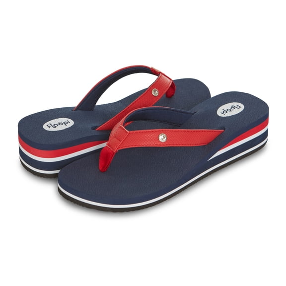 Floopi High Heel Wedge Sandals for Women-Comfort Yoga Mat Footbed for Support, Flip Flop Thong Platforms for Summer, Color Navy, Size 10