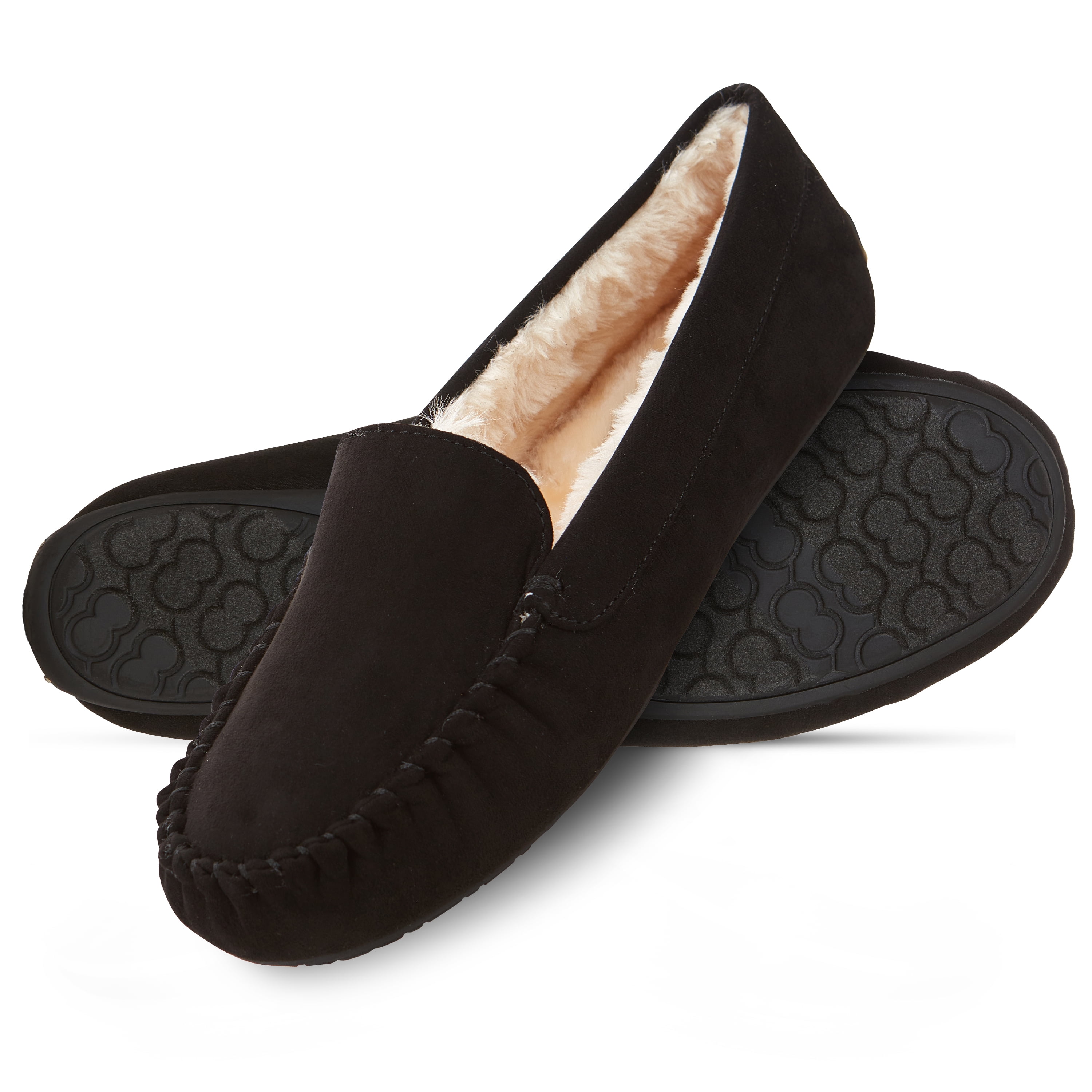 Luxe Cozy Black Faux Fur Moccasin Slippers with Memory Foam