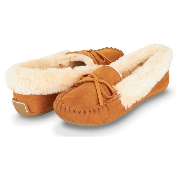 Floopi Women Slippers Moccasins, Soft Faux Fur Lining with Cozy Memory Foam, Ladies House Slippers for Women with Indoor & Outdoor Anti-Skid Sole