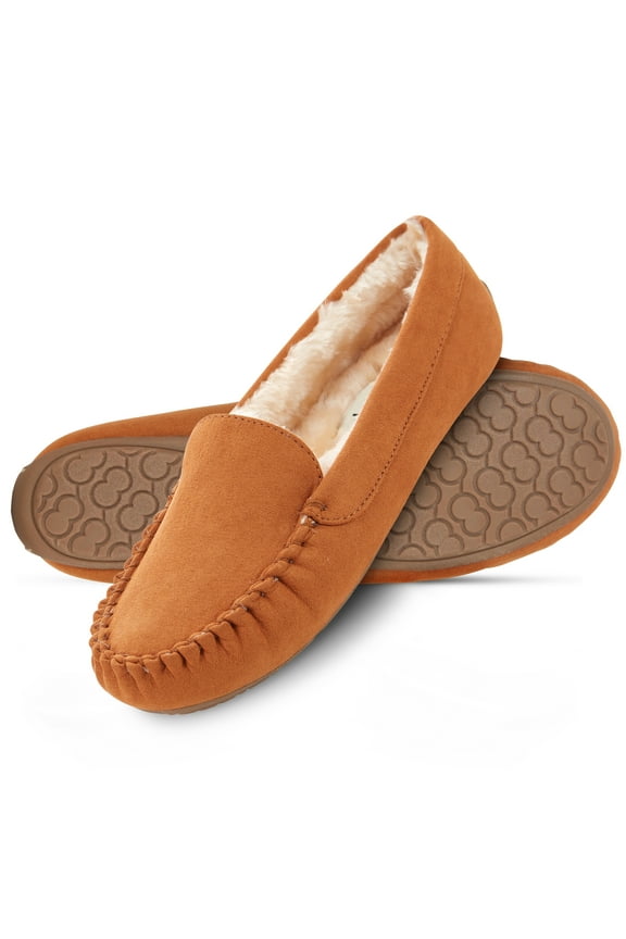 Women's Indoor/Outdoor Faux Fur Lined Basic Moccasins Slipper With Memory Foam, Medium Width