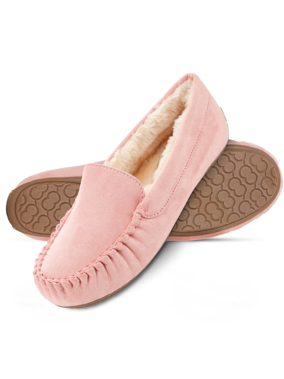 Women's Indoor/Outdoor Faux Fur Lined Basic Moccasins Slipper With Memory Foam, Medium Width